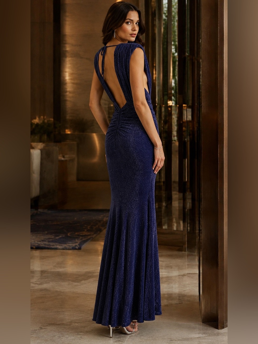 TERRI NAVY SPARKLE PLUNGING BACKLESS
MAXI DRESS